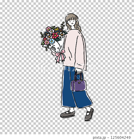 花束を持ったカジュアルファッションの女性 125604249