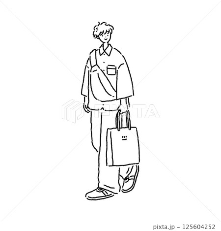 ショップバッグを持った人物　線画 125604252