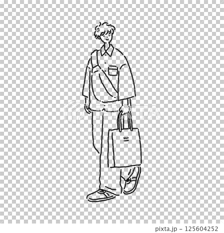 ショップバッグを持った人物　線画 125604252