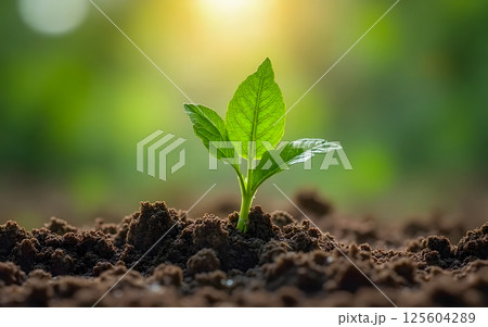 young green plant growing in soil with water dew 125604289
