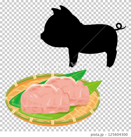 ザルに盛られた豚肉とブタのシルエットイラスト 125604300