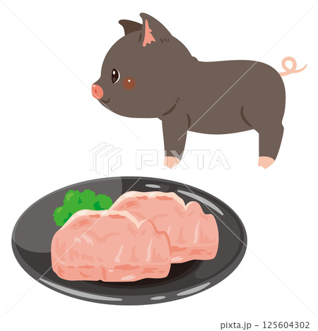 皿に盛られた豚肉と黒豚のイラスト 皿に盛られた豚肉と黒豚のイラスト 125604302