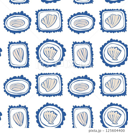 Hand drawn seashell frame on white background marine doodle seamless pattern with shells in frames for summer packaging and design Hand drawn seashell frame on white background marine doodle seamless pattern with shells in frames for summer packaging and design 125604400