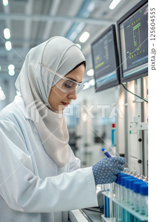 Researcher Conducts Experiments in a Modern Laboratory With Test Tubes and High-Tech Equipment 125604555