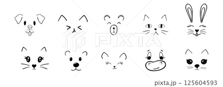 Cute animal faces, pet comic doodle with expressions. Set heads with delicious lick tongue, mouth, adorable emotions. Comic cartoon or kawaii fanny pet 125604593