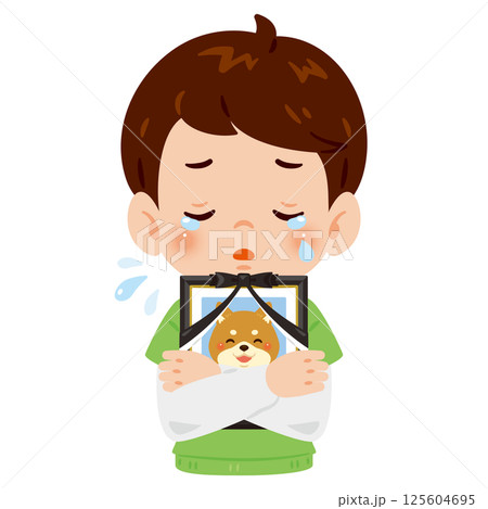 愛犬の遺影を抱いて泣く男の子 125604695