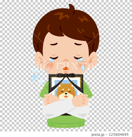 愛犬の遺影を抱いて泣く男の子 125604695