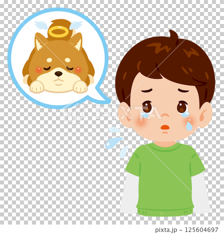 Boy crying after his beloved dog dies 125604697