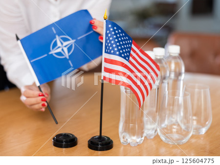 Flags of NATO and USA stand on negotiating table in office Flags of NATO and USA stand on negotiating table in office 125604775