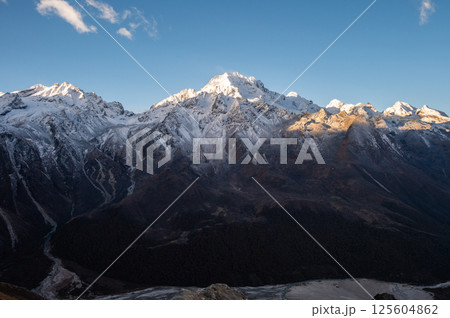 Mt.Naya Kanga with other Himalayas peak in Langtang valley of Nepal seen from Tsergo Ri (4,990m) the high point on the Langtang valley trek of Nepal. 125604862