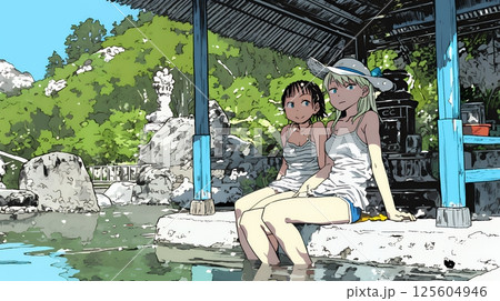 足湯に浸かっている若い女性