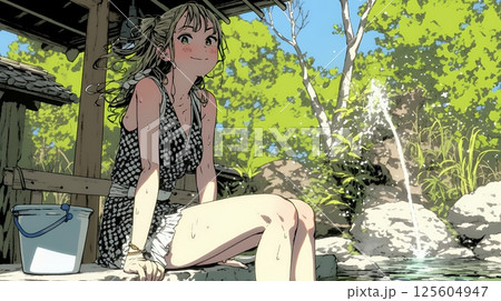 足湯に浸かっている若い女性