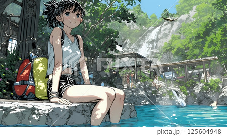 足湯に浸かっている若い女性