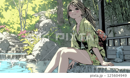 足湯に浸かっている若い女性