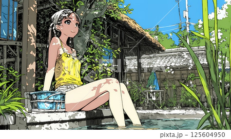 足湯に浸かっている若い女性