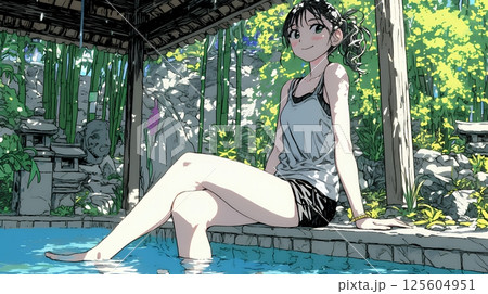 足湯に浸かっている若い女性