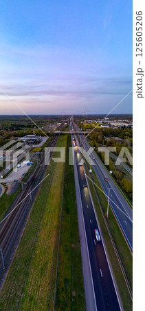 E19 Breda-Antwerp, Brecht, Antwerp, Belgium, April 8th, 2025, Stunning Aerial View of a Busy Highway E19 Breda-Antwerp, Brecht, Antwerp, Belgium, April 8th, 2025, Stunning Aerial View of a Busy Highway 125605206