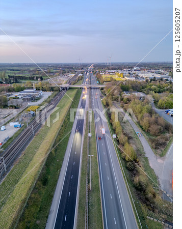 E19 Breda-Antwerp, Brecht, Antwerp, Belgium, April 8th, 2025, An Aerial View of the Urban Highway 125605207