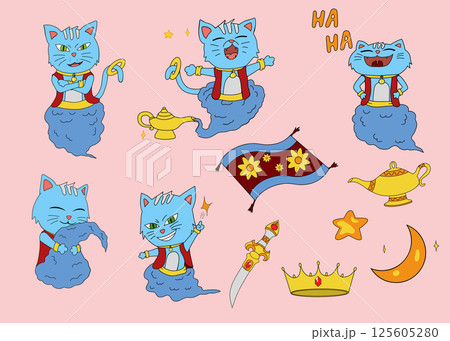 A playful illustration featuring cartoon cat genies in various poses, surrounded by magic lamps, a carpet, and whimsical elements on a pink background. 125605280