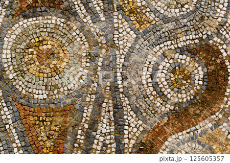Remains of artful mosaics decorating floors of houses in Ephesus, Turkey 125605357