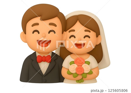 Adorable Korean bride and groom cartoon with red bow tie and floral bouquet	 Adorable Korean bride and groom cartoon with red bow tie and floral bouquet	 125605806