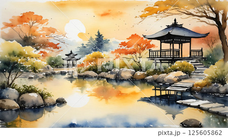 夕日に照らされた日本庭園の水彩画、静けさと和の美しさが溶け合う風景