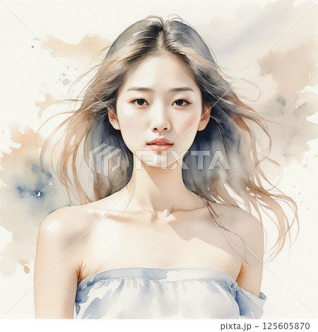 透明感あふれる若い女性の水彩画ポートレート、繊細な筆致と色彩が美しいアート作品 125605870