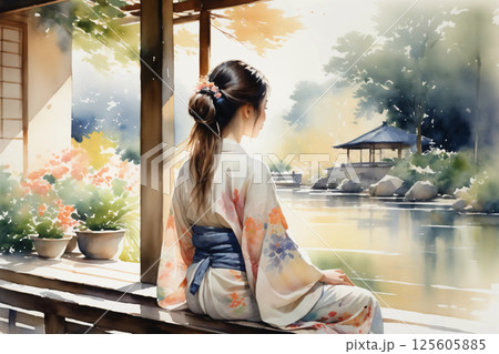 縁側に座ってくつろぐ浴衣姿の女性、和の風情漂う穏やかな夏の午後 縁側に座ってくつろぐ浴衣姿の女性、和の風情漂う穏やかな夏の午後 125605885