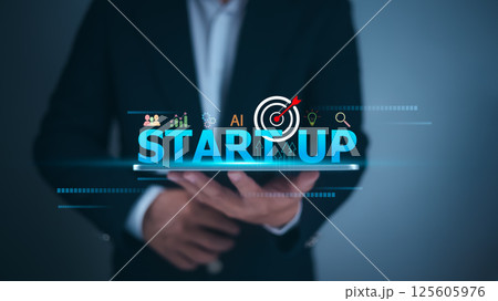 Business Startup concept, Businessman working on tablet, Business Growth, Finance Investment, Marketing Strategy, Increase Growth Opportunity, Success, Goals, Leadership, Strategic planning. 125605976