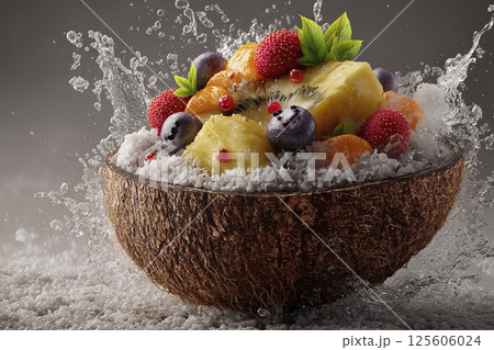 AI-generated item. Fruits in Coconut Bowl with Splashes and Drops of Water. 125606024
