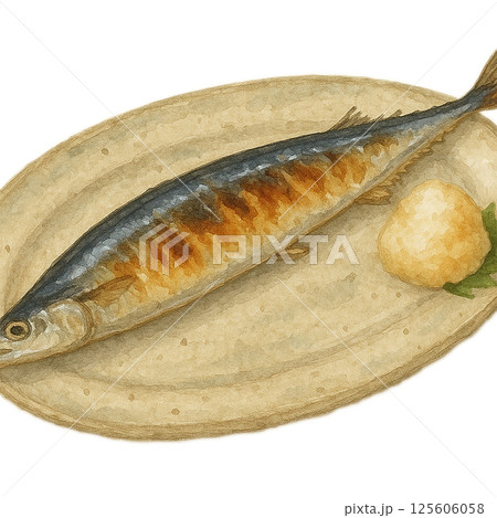 水彩風の焼きさんまイラスト｜大根おろしを添えた秋の和食 125606058