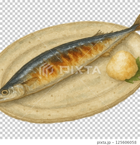 水彩風の焼きさんまイラスト｜大根おろしを添えた秋の和食 125606058
