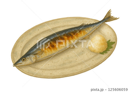 水彩風の焼きさんまイラスト｜大根おろしを添えた秋の和食 125606059