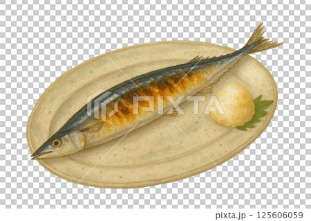 水彩風の焼きさんまイラスト｜大根おろしを添えた秋の和食 125606059