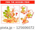 Find the missing piece of Underwater world picture. Printable puzzle page for kids with hand drawn clown fish, starfish, shells, coral and seaweed. Educational game for developing spatial thinking 125606072