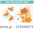 Find the missing puzzle piece for a picture with little girl in a striped swimwear diving between corals. Educational matching game with cartoon character. Logic game for children, learning card 125606073