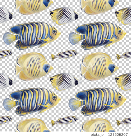 Seamless pattern with tropical fish. School of fish. Striped exotic fish of yellow and blue colors. Watercolor illustration isolated. Hand drawing. Print for fabric, textile and wallpaper.  125606207