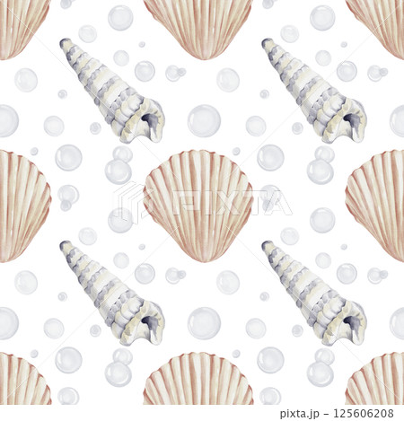 Seamless pattern with seashells and shells of mollusks and snails. Sea scallops. Bubbles background. Watercolor illustration isolated from the background. Sea souvenirs. Print for textiles.  125606208