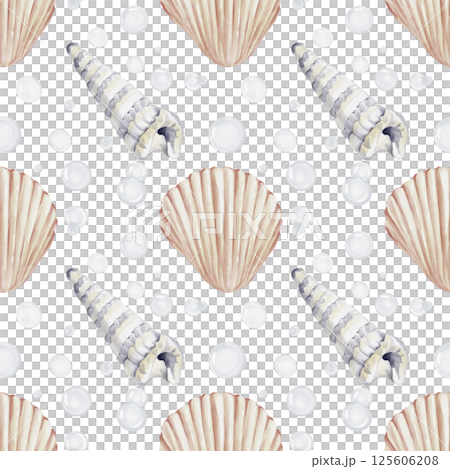 Seamless pattern with seashells and shells of mollusks and snails. Sea scallops. Bubbles background. Watercolor illustration isolated from the background. Sea souvenirs. Print for textiles.  125606208