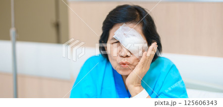 Elderly Woman with eye protective shield after eye surgery. Eye disease, Cataract,  Glaucoma, Age Related Macular Degeneration, Diabetic Retinopathy, Vitreous, Lasik, World Glaucoma day and health 125606343