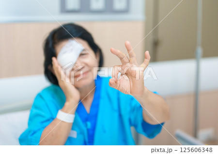 Elderly Woman with eye protective shield after eye surgery. Eye disease, Cataract, Glaucoma, Age Related Macular Degeneration, Diabetic Retinopathy, Vitreous, Lasik, World Glaucoma day and health Elderly Woman with eye protective shield after eye surgery. Eye disease, Cataract, Glaucoma, Age Related Macular Degeneration, Diabetic Retinopathy, Vitreous, Lasik, World Glaucoma day and health 125606348
