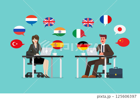 Business people working on a laptop speaking many different languages 125606397