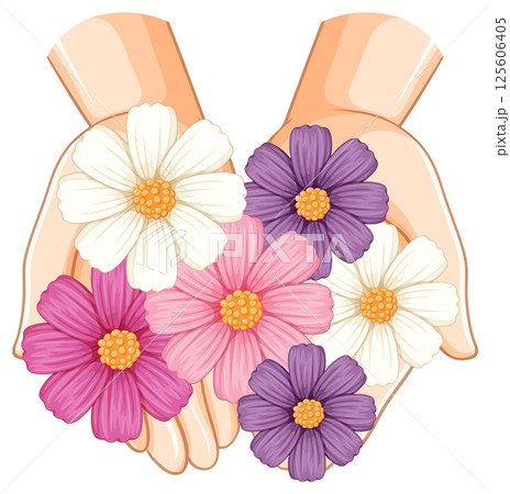 Hands Holding Colorful Cosmos Flowers Illustration Hands Holding Colorful Cosmos Flowers Illustration 125606405