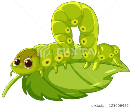 Cute Green Caterpillar on Leaf Illustration 125606425