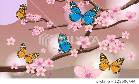 Butterflies and Cherry Blossoms Vector Illustration Butterflies and Cherry Blossoms Vector Illustration 125606444