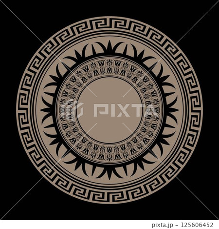 Vector round golden greek frame. Greek floral meander. Patterns of Greece, ancient Rome. Circle european border. Round antique border. Typical egyptian, assyrian, greek, cinesi motives. For printing. Vector round golden greek frame. Greek floral meander. Patterns of Greece, ancient Rome. Circle european border. Round antique border. Typical egyptian, assyrian, greek, cinesi motives. For printing. 125606452
