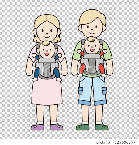 YOUNG COUPLE WITH TWIN BABIES IN CARRIERS white blonde family in casual outfits cute illustration kawaii style outline drawing people simple minimalistic doodle happy kiddy isolated YOUNG COUPLE WITH TWIN BABIES IN CARRIERS white blonde family in casual outfits cute illustration kawaii style outline drawing people simple minimalistic doodle happy kiddy isolated 125606577