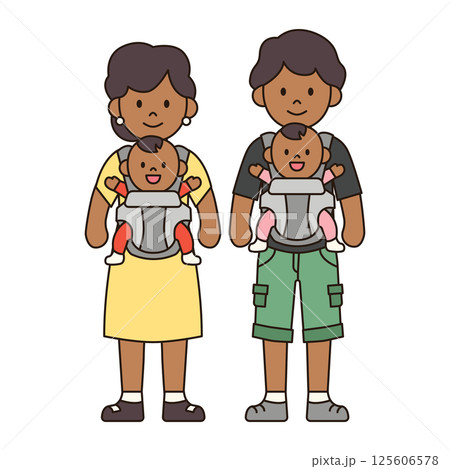 YOUNG COUPLE WITH TWIN BABIES IN CARRIERS black family in casual outfits cute illustration kawaii style outline drawing people simple minimalistic doodle happy kiddy isolated 125606578