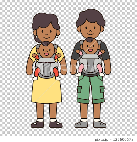 YOUNG COUPLE WITH TWIN BABIES IN CARRIERS black family in casual outfits cute illustration kawaii style outline drawing people simple minimalistic doodle happy kiddy isolated 125606578