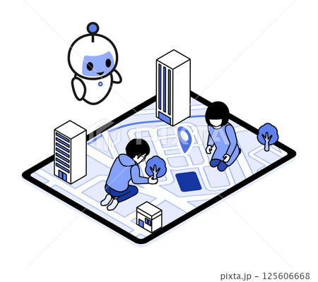 地図アプリが表示された巨大なタブレットの上で遊ぶ子供　モノクローム　青 125606668